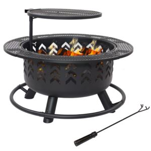 Arrow+Motif+Black+Steel+Fire+Pit+with+Grill+and+Cover+-+32.75+in+%2881.3+cm%29