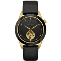 Mens Apollo Automatic Gold & Black Leather Strap Watch Black Dial