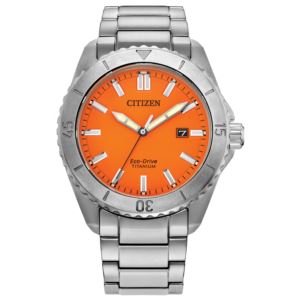 Men%27s+Brycen+Super+Titanium+Eco-Drive+Silver-Tone+SS+Watch+Orange+Dial