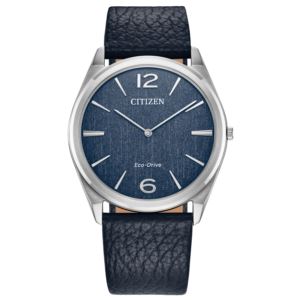 Unisex+Classic+Eco-Drive+Blue+Leather+Strap+Watch+Blue+Dial