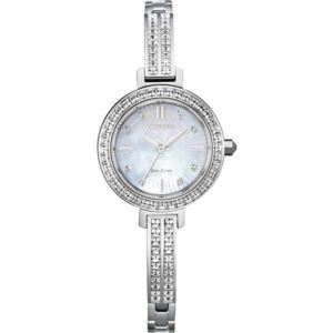 Ladies%27+Silhouette+Crystal+Silver-Tone+Stainless+Steel+Bangle+Watch+MOP+Dial