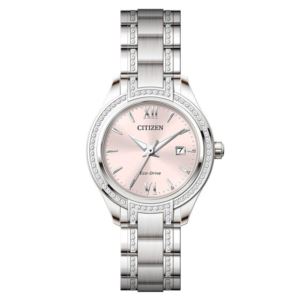 Ladies%27+Silhouette+Crystal+Eco-Drive+Silver-Tone+Stainless+Steel+Watch+Pink+Dial