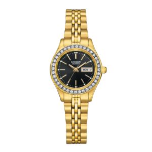 Ladies%27+Quartz+Crystal+Accent+Gold-Tone+Stainless+Steel+Watch+Black+Dial