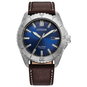 Men%27s+Brycen+Super+Titanium+Eco-Drive+Brown+Leather+Strap+Watch+Blue+Dial