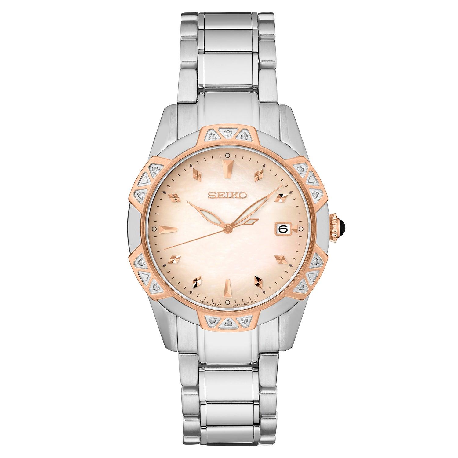 Ladies Diamond Two-Tone Stainless Steel Watch Rose Gold Mother-of-Pearl ...