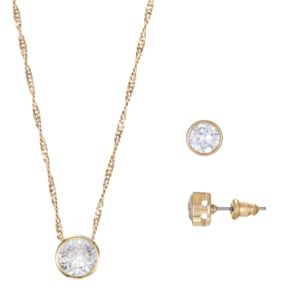 Cubic+Zirconia+Pendant+and+Earrings+Set+Bezel+Setting+-+Goldtone