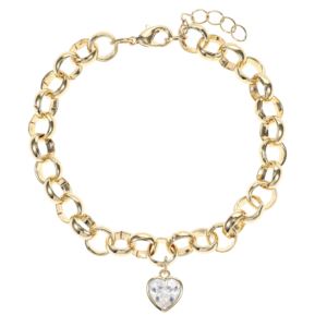 Bold+Rolo+Chain+Bracelet+with+Heart+Shape+Cubic+Zirconia+-+Goldtone