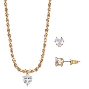 Heart+Cubic+Zirconia+Pendant+and+Stud+Earrings+Set+-+Goldtone