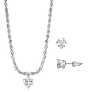 Heart+Pendant+with+CZ+Heart+and+Stud+Earrings+Set+-+Silver