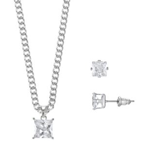 Square+Cubic+Zirconia+Pendant+and+Stud+Earrings+Set+-+Silvertone