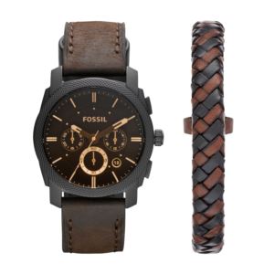 Mens+Machine+Chronograph+Dark+Brown+Leather+Watch+%26+Bracelet+Box+Set