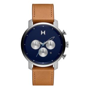 Mens+Chrono+Tan+Leather+Strap+Watch+Blue+Dial