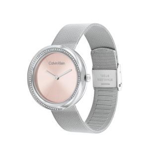 Ladies+Silver-Tone+Stainless+Steel+Mesh+Watch+Pink+Dial