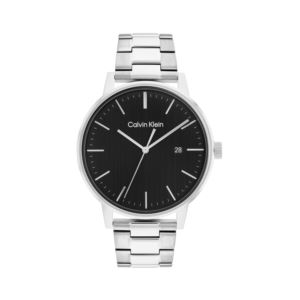 Mens+Silver-Tone+Stainless+Steel+Watch+Black+Dial