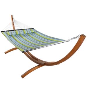 Sunnydaze+Quilted+2-Person+Hammock+with+12-Foot+Wood+Stand+-+Blue+%26+Green