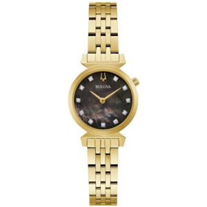 Ladies%27+Regatta+Gold-Tone+Stainless+Steel+Rectangle+Watch+Black+MOP+Dial