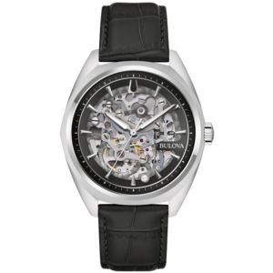 Men%27s+Surveyor+Automatic+Black+Leather+Strap+Watch+Silver+Skeleton+Dial