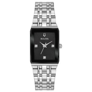 Ladies%27+Quadra+Modern+Silver-Tone+Stainless+Rectangle+Watch+Black+Dial