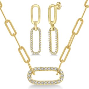 Diamond+Paperclip+Pendant+Earring+%26+Necklace+Set+Gold