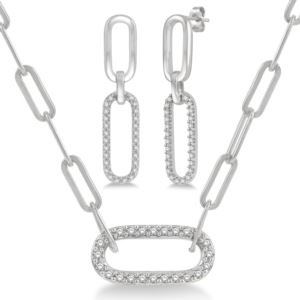 Diamond+Paperclip+Pendant+Earring+%26+Necklace+Set+Silver